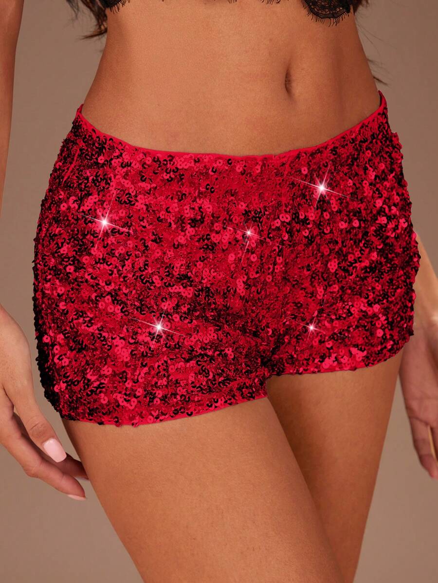 SHEIN SXY 秋季女装；性感约会俱乐部高弹力银珠超低腰短裤；女士纯银闪亮亮片紧身超级短裤，非常适合约会之夜、单身派对、鸡尾酒会、圣诞派对和其他迷人的夜晚活动 - 紅色 - 查看 1