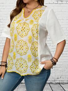 EMERY ROSE Plus Size Women Burn-Out Embroidered Short Sleeve Casual Loose Blouse Spring For Women Vacation Country - Multicolor - View 3