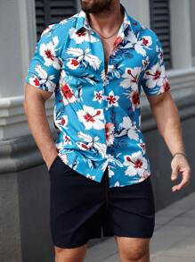 Manfinity RSRT Manfinity RSRT Men's Floral Print Short Sleeve Single-Breasted Shirt And Shorts 2 Pieces Set, Men Two Pieces Outfits, Summer Shirts For Men, Men Shirts Tropical, Men Summer Shirts