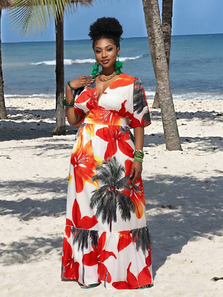 Slaydiva Vestido con estampado floral para mujer de talla grande con bajo asimétrico, escote bajo, mangas de hombro, cintura ceñida para fiesta, vacaciones, look elegante en verano - Multicolor - Añade 5