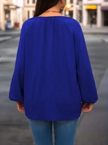 Plus Size Solid Color Front Tie Long Sleeve Simple Casual Blouse - Royal Blue - View 2