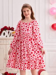 Valentine's Day Tween Girls Heart & Polka Dot Print Long Sleeve A-Line Dress, Two-Way Neckline, Spring/Summer - Red - View 2