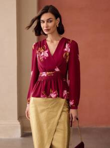 MOTF PREMIUM BLUS PEPLUM MOTIF BUNGA CHIFFON - Merah - View 7
