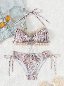 Random Paisley Print Halter Lace Trim Drawstring + Drawstring Bowknot Triangle Bottom 2pcs Women Swimwear Set, Beach Outfits For Summer Beach Vacation