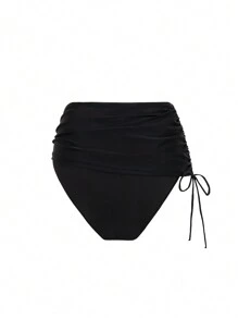Swim SXY Summer New Solid Black Cutout Panel Sexy Bikini Swimwear Bottom - Black - View 7