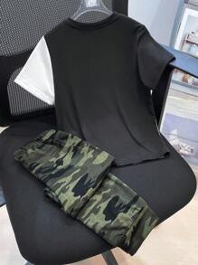 2pcs Set Young Boys Casual Street-Style Patchwork Camouflage Round Neck Short Sleeve T-Shirt And Pants,Fashionable Comfortable Sports Outfits,Summer - Multicolor - View 2