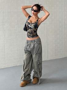 StreetHx 女式复古修身圆领无袖背心，带干叶印花，修身街头风格图案 T 恤女式上衣 - 鏽棕色 - 查看 5