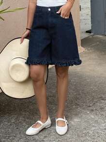 DAZY Pantaloni scurți din denim largi pentru femei, cu buzunar frontal și nasturi, casual, de vară - Spălare întunecată - Vizualizare 5