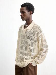 Maija Men's 2025 Spring & Summer New Khaki Polo Collar Loose Diamond Graphic Sweater, Casual Minimalist Daily Commute, Suitable For Valentine's Day, New Year Party, Vacation