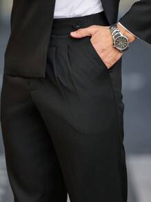 Manfinity Bizformal 男士商务通勤套装，采用缺口翻领设计的黑色西装套装，适合商务宴会、婚礼和日常工作等各种场合。这款西装是送给男朋友或老公的绝佳礼物。男士纯色西装套装：上衣和裤子，简约时尚休闲日常穿着，男士正装西装，男士正装西装，男士休闲西装，男士两件套西装 - 黑色 - 查看 3