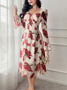 DAZY 女士花卉印花方领泡泡袖中长连衣裙，荷叶边，秋季连衣裙长袖连衣裙