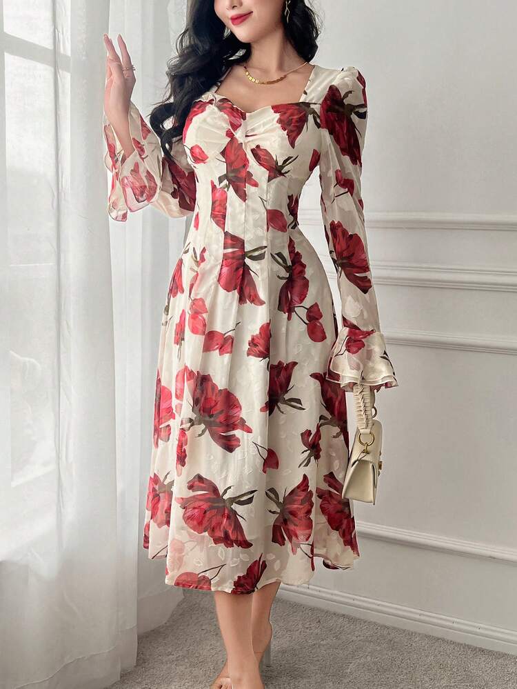 Floral Print Square Collar Puff Sleeve Midi Dress For Women,Ruffle,Fall Dress Long Sleeve Dress Vacation Outfits Women Easter Boho