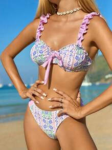 Swim Mod Springbreak Women Beach Wear Summer Outfits, Women's Multi-Colored Random Printed Ruched Strap Bowknot Underwire Cute & Sweet 2 Pieces Bikini Set, Boho Festival