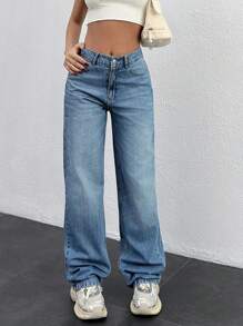 EURMUSE HIGH WAIST BACK DETAILED STRAIGHT LEG JEAN - Medium Wash - View 5