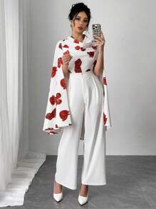 SHEIN ChicEase Conjunto de moda elegante para mujeres con impresión digital de rosas blancas y rojas para el Día de San Valentín - Blanco - Ver 5