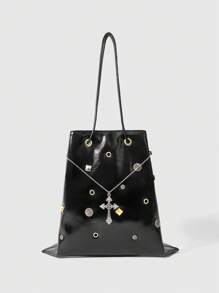 ROMWE Goth Riveted Cross Decor Chain Shoulder Bucket Bag - Black - View 1