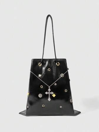Goth Bolso cubo de hombro con cadena decorativa de cruz remachada