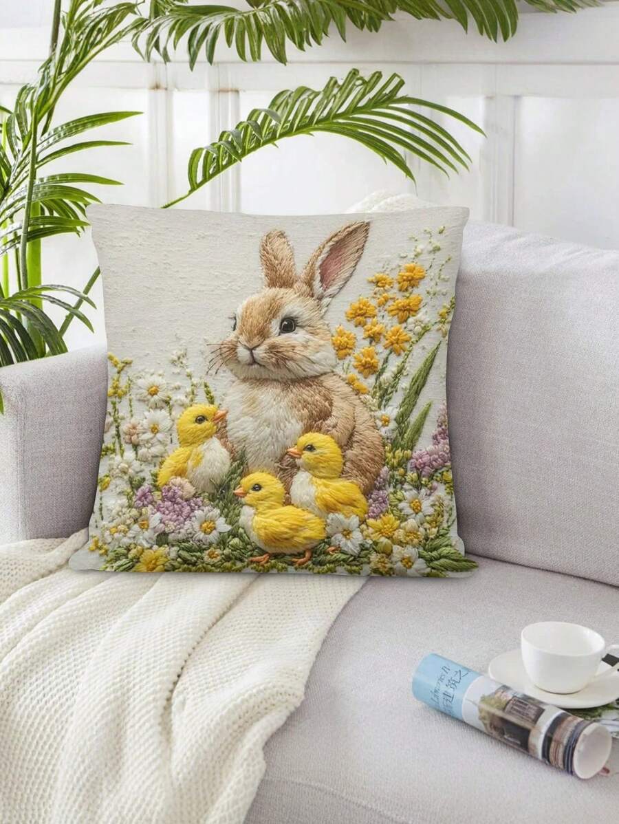 1/2/4pcs Modern Rabbit & Chick Embroidered Throw Pillow Covers, 17.7x17.7 Inches, Polyester Fabric, Machine Washable, Zipper Closure, Woven Decorative Cushion Covers, Suitable For Various Rooms, Easter Home Decor, Autumn Decoration, Room Decor - Beige - View 1