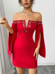 Chiquease 浪漫情人节红色露肩亮片荷叶边女式派对礼服 - 紅色 - 查看 5