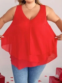 SHEIN CURVE+ CURVE PLUS /Valentine's Day/Plus Size Women's Solid Color Hem Asymmetric Multi-Layer Design Sleeveless Top Boho Vacation - Red - View 4