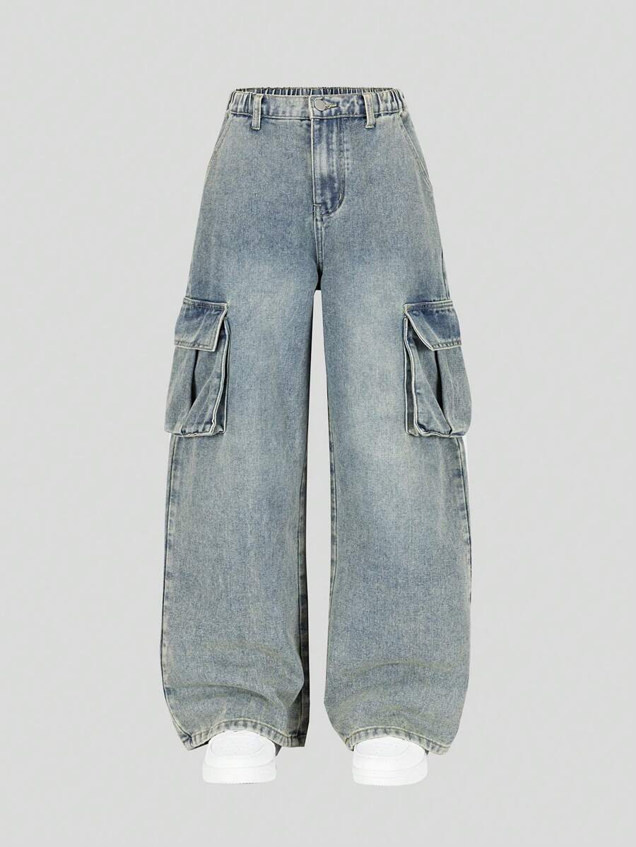 Teen Boys Vintage Blue Loose Casual Urban Streetwear Cargo Pockets Distressed Denim Jeans - Medium Wash - View 1