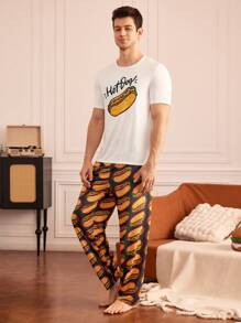 Happy Jammies Conjunto de pijama de camiseta de manga corta con estampado de letras y pantalones para hombre