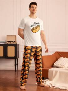 Happy Jammies Conjunto de pijama de camiseta de manga corta con estampado de letras y pantalones para hombre