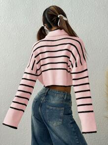 Muchica 女式休闲高领条纹落肩长袖毛衣，秋冬 - 粉色 - 查看 2