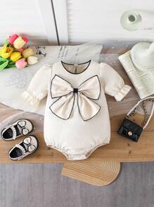 Baby Girls Can Wear Elegant, Simple, Casual And Cute Short Puff Sleeves Bodysuit With Big Bow Decoration In Spring And Summer - Multicolor - View 1
