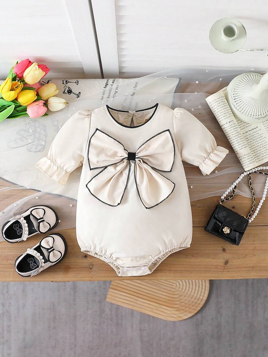 Baby Girls Can Wear Elegant, Simple, Casual And Cute Short Puff Sleeves Bodysuit With Big Bow Decoration In Spring And Summer - Multicolor - View 1