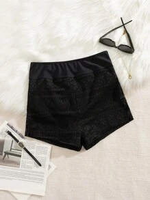 SHEIN Swim Women's Beach Vacation Wide Leg Shorts, Lace Patchwork Solid Color Swimwear Bottom For Summer Beach Vacation