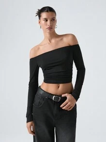 LYSMO Camiseta Corta De Mujer Con Volantes Y Hombros Descubiertos - Negro - Ver 3