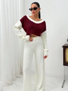 EURMUSE Women Cable Knit Pattern V-Neck Pullover & Sweater Pants Set - Multicolor - View 4