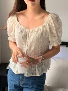 DAZY Jednolita koronkowa bluzka damska z krótkim rękawem, dopasowana na lato, top typu babydoll
