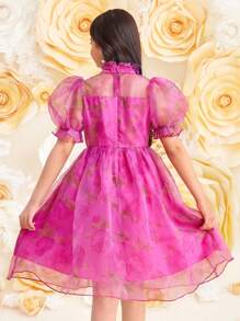 SHEIN Tween Girls Elegant Floral Print Organza Short Sleeve Pink Dress, Ramadan Dress, For Valentine's Day