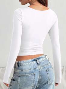 SHEIN Unity Áo thun dài tay bó sát phía trước màu đỏ tía đa năng dành cho nữ, phù hợp để mặc thường ngày - trắng - Xem 2