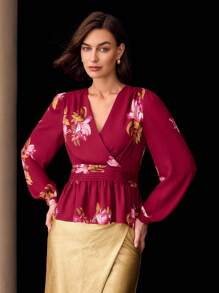 MOTF PREMIUM BLUS PEPLUM MOTIF BUNGA CHIFFON - Merah - View 5