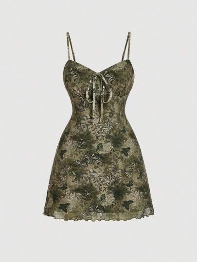 SHEIN MOD Green Floral Print Retro Camisole Bra Cup Elastic Mesh Crop Top Dress, Plus Size,Vintage Dresses,Beach Dress Sundress,Holiday Outfits Boho