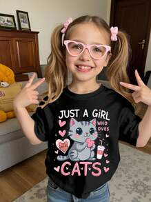 SHEIN Camiseta de manga corta, cuello redondo, minimalista y negra con estampado de gato corazón de dibujos animados "Sólo una chica que ama a los gatos" para niñas adolescentes, apta para primavera/verano