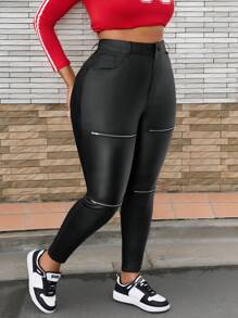 Jeggings pitillo con cremallera decorativa para mujer talla grande, revestidos en negro - Negro - Ver 4