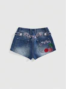 ROMWE Kawaii Cute Vintage American Cherry Embroidery Fringed Low Waist Mini Denim Shorts For Women, Suitable For Summer Concert, Festival, Beach Vacation