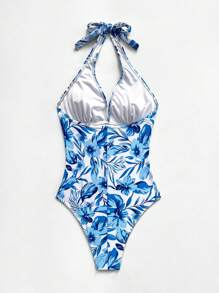 SHEIN VCAY Bộ đồ bơi một mảnh thời trang tối giản dành cho nữ mặc hàng ngày khi đi nghỉ ở bãi biển mùa hè - Xanh và trắng - Xem 2