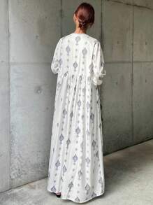 FRIFUL 女士白色长款宽松波西米亚风印花连衣裙度假装 - 白色 - 查看 5