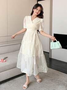 DAZY Robe longue pour femmes avec col oblique en dentelle, taille cintrée, volants