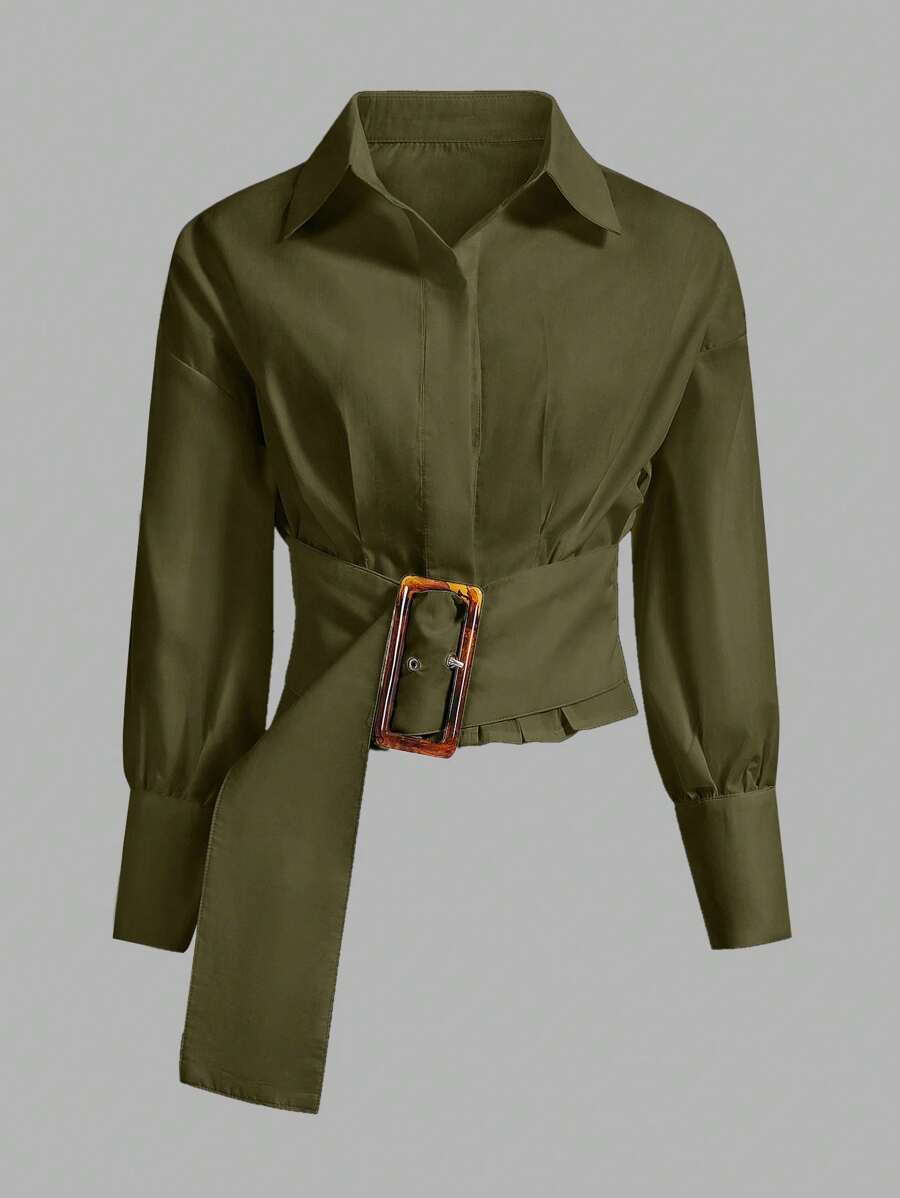 Aveloria Modichic Solid Drop Shoulder Buckle Detail Shirt  Fall Cloth For Women - Brown - View 1