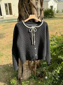 DAZY Women's Round Neck Long Sleeve Front Tie Button Simple Casual Polka Dot Sweater,Fall Women Clothes