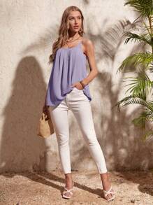 SHEIN Clasi Women's Vacation Casual Solid Color Pleated Slip Camisole - Mauve Purple - View 6