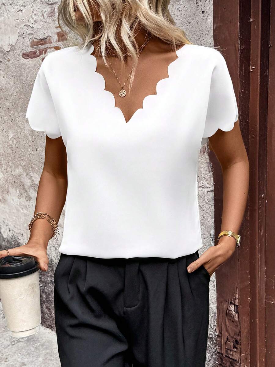 EMERY ROSE Women Solid Color V-Neck Short Sleeve Casual Blouse - White - View 1