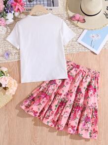 SHEIN Bộ 2 chiếc/Bộ Áo thun cổ tròn tay ngắn in hình trái tim và hoa màu trắng cho bé gái tuổi teen và chân váy in hình hoa màu hồng ngọt ngào, thích hợp mặc đi nghỉ, tiệc tùng, ăn trưa, lễ hội âm nhạc, mặc thường ngày - Hồng - Xem 2