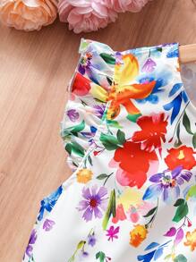 SHEIN 2pcs/Set Tween Girl Elegant Floral Print Top & Skirt With Belt - Multicolor - View 5